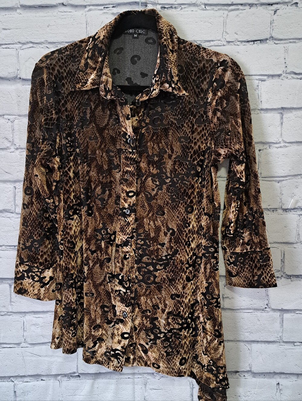 Boho Chic Snakeskin Print Button Up Shirt Brown And Black Medium
